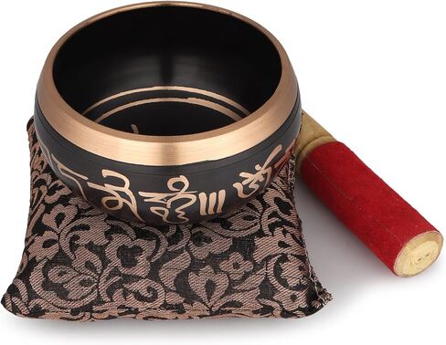 وعاء الغناء التبتي - 4 بوصة، مجموعة وعاء الغناء الأسود مع وسادة الخافق ووعاء الغناء للتأمل واليوجا in Kuwait
