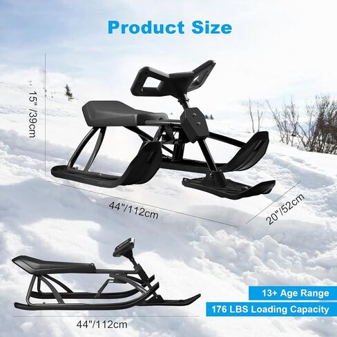 Snow Racer Sled Ski Sled Slider with Steering Wheel & Anti-Slip Seat 4.5-Foot Pull Rope Adults Winter Sport Sled for 176 LBS Loading Capacity Skiing Ice Skating Sand Skating in Saudi Arabia