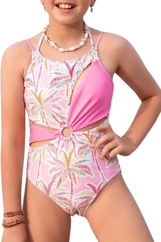 WDIRARA Girl's Tropical Print Cut Out Ring Linked One Piece Swimsuit Double Strap Boho Summer Swimwear in Saudi Arabia