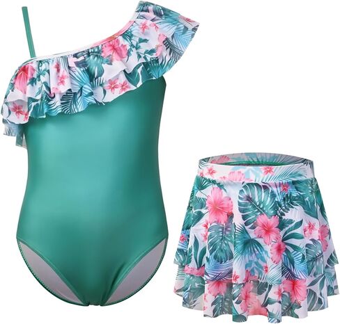 ملابس سباحة للفتيات من CHILDRENSTAR قطعة واحدة مع تنورة شبكية تغطي كتف واحد وكشكشة ملابس سباحة للأطفال من 4 إلى 13 سنة in Kuwait