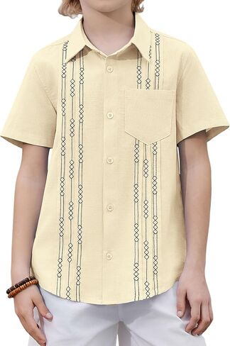 Arshiner Boys Guayabera Shirt Short Sleeve Cotton Linen Button Down Shirt Summer Beach Tops with One Pocket in Saudi Arabia