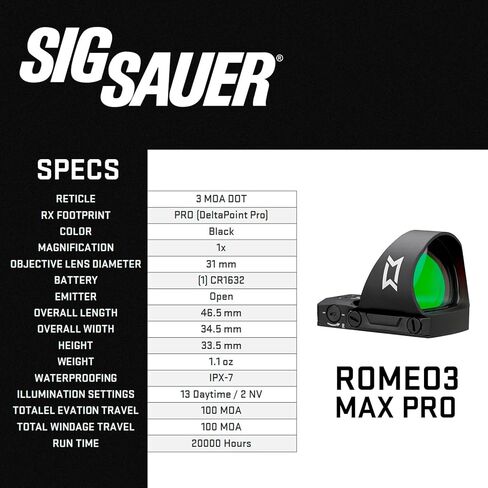 SIG SAUER ROMEO3MAX PRO 1x31mm Durable Aluminum IPX-7 Waterproof Fogproof Shooting Pistol Reflex Sight | Illuminated Red Dot Reticle, 15 Brightness Settings in Saudi Arabia