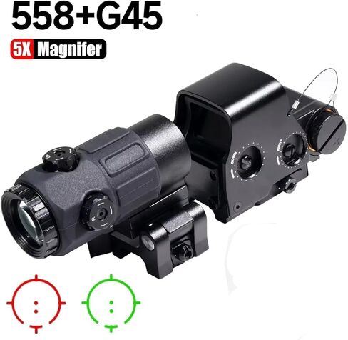 558 G45 نطاق رؤية معدني ثلاثي الأبعاد باللون الأحمر/الأخضر، مجموعة مكبرة 5X، تركيب خاص سريع التركيب قابل للفصل، لسكك حديدية 20 مم (أسود) in Kuwait