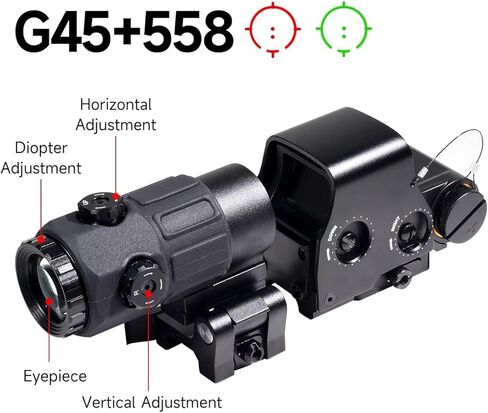 558 G45 نطاق رؤية معدني ثلاثي الأبعاد باللون الأحمر/الأخضر، مجموعة مكبرة 5X، تركيب خاص سريع التركيب قابل للفصل، لسكك حديدية 20 مم (أسود) in Kuwait