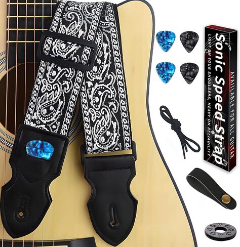 حزام الجيتار، أشرطة الجيتار القطنية المطرزة مع 4 قطع من اللقطات وغيرها من ملحقات الجيتار، أفضل الهدايا للأطفال وعازفي الجيتار (8 قطع) in Kuwait