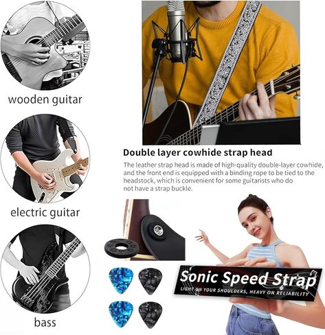حزام الجيتار، أشرطة الجيتار القطنية المطرزة مع 4 قطع من اللقطات وغيرها من ملحقات الجيتار، أفضل الهدايا للأطفال وعازفي الجيتار (8 قطع) in Kuwait
