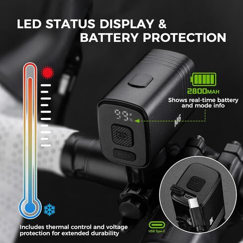 ROCKBROS 1000Lumens Bike Light 2800mAH USB C Rechargeable Bike Headlight IPX6 Waterproof Bicycle Front Lightweight Smart Light for Safe Night Riding in Saudi Arabia