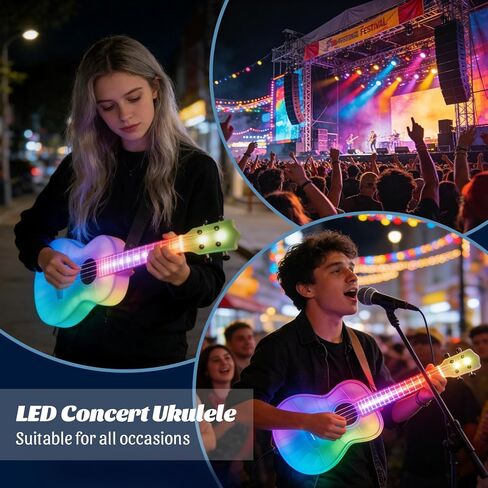 23" LED Concert Ukulele with Color Lights – Polymer Carbon Fiber Strings, Ultra-Lightweight (1.4 lbs), Perfect for Beginners, Professionals & Night Performances in Kuwait
