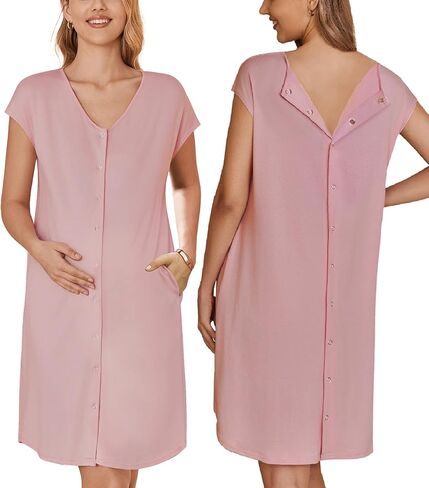 Ekouaer Labor/Delivery/Hospital Gown Nursing Nightgown Maternity Sleepwear With Pockets Postpartum Gowns with Button S-XXL in Saudi Arabia