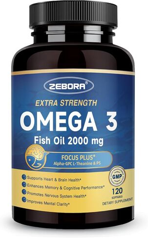 ZEBORA Omega-3 Fish Oil 2000mg - High Potency DHA & EPA Omega 3 with Alpha-GPC & PS for Brain, Cognition & Heart Support, Sustainably Sourced, 120 Softgels in Kuwait