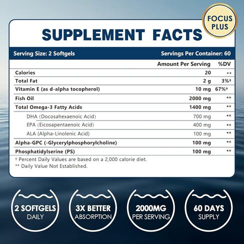 ZEBORA Omega-3 Fish Oil 2000mg - High Potency DHA & EPA Omega 3 with Alpha-GPC & PS for Brain, Cognition & Heart Support, Sustainably Sourced, 120 Softgels in Kuwait