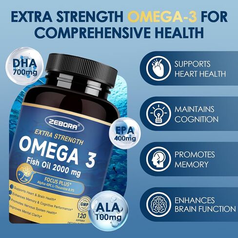 ZEBORA Omega-3 Fish Oil 2000mg - High Potency DHA & EPA Omega 3 with Alpha-GPC & PS for Brain, Cognition & Heart Support, Sustainably Sourced, 120 Softgels in Kuwait