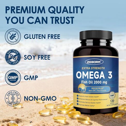 ZEBORA Omega-3 Fish Oil 2000mg - High Potency DHA & EPA Omega 3 with Alpha-GPC & PS for Brain, Cognition & Heart Support, Sustainably Sourced, 120 Softgels in Kuwait