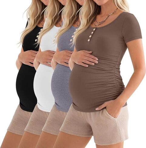 RIYIPER 4 PACK قمصان الأمومة النسائية ، Henley Scoop Neck Teee Tops Tops Short Sister Side Ruched Mama clothes in Saudi Arabia