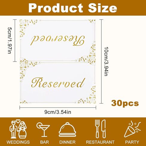 30-Pack Gold Reserved Table Signs for Wedding Party Event Restaurant - Double Sided Reserved Signs for Gold Foil Border - Reserved Tent Card Place Cards for Table Setting in Saudi Arabia