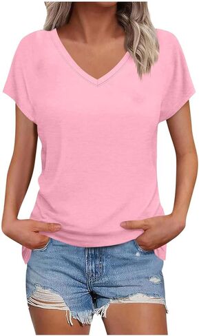 Basic Tees for Women V Neck Summer Tops Short Sleeve Loose Fit Tunic Tops Comy Soft Tee Shirt Trendy Work Tshirt in Saudi Arabia