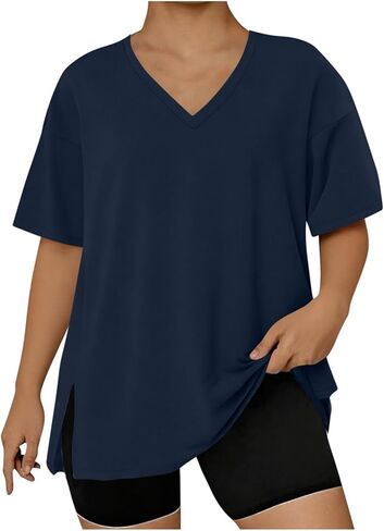 Oversized T Shirt Women Plus Size Tops V Neck Short Sleeve Tshirt Side Split Loose Fit Tunic Tops Solid Basic Tees in Saudi Arabia