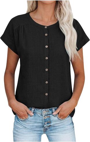 Women Cotton Linen Shirts Short Sleeve Button Down Summer Tops Crewneck Dressy Casual Work Blouse Loose Comfy Tshirt in Saudi Arabia