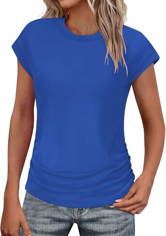 Womens T Shirt Summer Cap Short Sleeve Tops Ruched Side Basic Tees Round Neck Casual Tshirt Ladies Shirts 2026 Trendy in Saudi Arabia