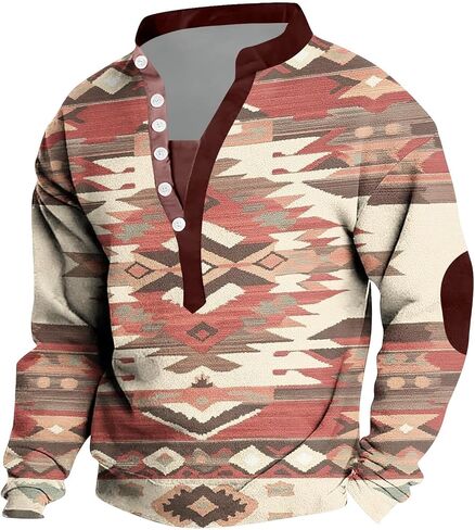 Western Aztec Shirt for Men 1/4 Button V Neck Henley Shirt Ethnic Long Sleeve Tops Trendy Geometric Print Tshirt in Saudi Arabia
