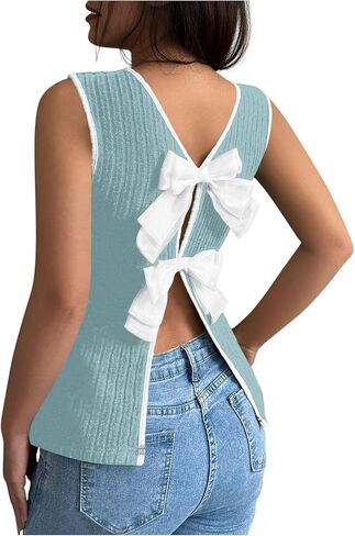 Tank Tops for Women Summer Trendy Sleeveless Basic Tee Loose 2026 Fashion Bow Tie Back Sleeveless Casual Crop Tank Top in Saudi Arabia
