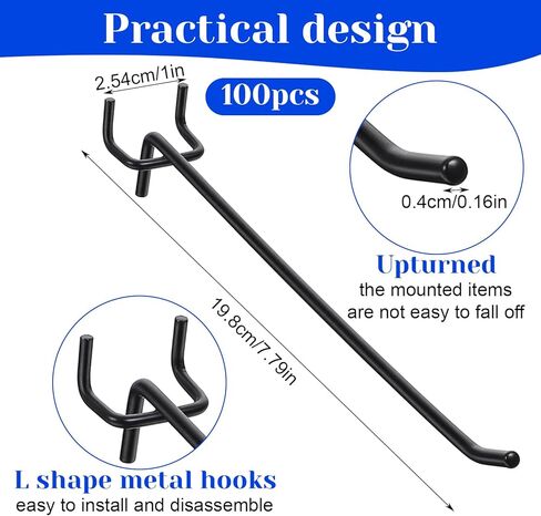 100 Pcs Black Pegboard Hooks, 8 Inch Stainless Steel Metal Pegboard Shelving Hooks Heavy Duty Bulk for 1/4 Garage Storage Organizer, Shelving Wall Display, Craft Room, Kitchen, Store Accessories in Saudi Arabia