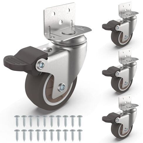 2" L-Shaped Swivel Plate Casters, TPR Silent Furniture Wheels with Brakes, Total Load Capacity 600 Lbs, Mounting for Wooden Cabinet, Sewing Table, Crib, 4 Pcs in Saudi Arabia