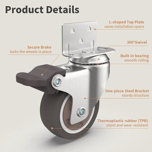 2" L-Shaped Swivel Plate Casters, TPR Silent Furniture Wheels with Brakes, Total Load Capacity 600 Lbs, Mounting for Wooden Cabinet, Sewing Table, Crib, 4 Pcs in Saudi Arabia