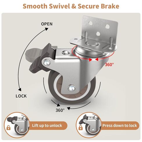 2" L-Shaped Swivel Plate Casters, TPR Silent Furniture Wheels with Brakes, Total Load Capacity 600 Lbs, Mounting for Wooden Cabinet, Sewing Table, Crib, 4 Pcs in Saudi Arabia