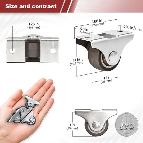 Mini Fixed Drawer Rubber Caster Wheels,1 Inch, Non Swivel, Set of 4, Small Rigid Furniture Low Profile Roller Castors, No Scratch, Quiet Rolling, 130 Lbs Load, for Home Furniture and Under-Bed Storage in Saudi Arabia