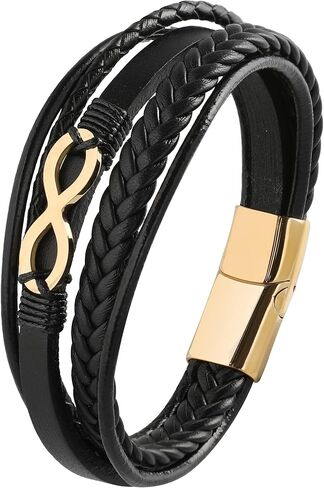 Mens Cuff Infinity Bracelet - Stainless Steel Genuine Leather Bracelets for Men - Multilayer Row Punk Jewelry in Kuwait