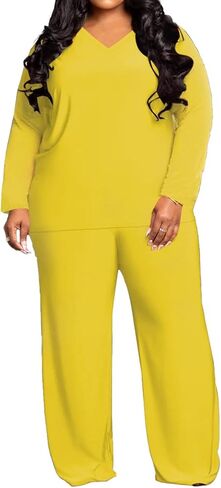 TOPSRANI Womens Plus Size Lounge Set V-Neck 2 Piece Outfits Sweatsuits Tracksuit Long Sleeve Baggy Wide Leg Pant Sets in Kuwait