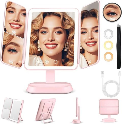 Lighted Makeup Mirror with 30X/10X/5X Magnification, Detachable Design for Travel, Rechargeable Trifold Mirror with 3 Color& Adjustable Brightness, Portable Makeup Mirror with Lights for Desk in Kuwait