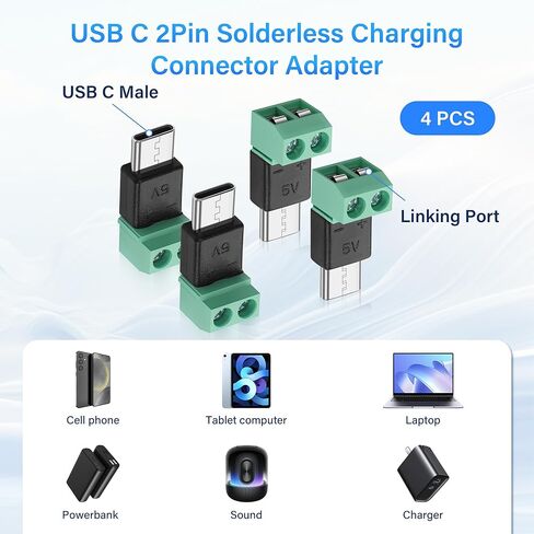 PNGKNYOCN USB C محول طرفي برغي، 5 فولت USB نوع C ذكر إلى 2 دبوس موصل طرفي بدون لحام DIY أو إصلاح موصل USB C (4 حزم) in Saudi Arabia