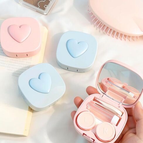 2 Pack Contact Lens Case, Heart Pattern Portable Travel Kit Cute Colored Contact Lenses Applicator Removal Tool Kit with Mirror Solution Bottle for Daily & Outdoor Valentine's Day Gift (Pink+Blue) in Saudi Arabia