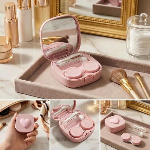 2 Pack Contact Lens Case, Heart Pattern Portable Travel Kit Cute Colored Contact Lenses Applicator Removal Tool Kit with Mirror Solution Bottle for Daily & Outdoor Valentine's Day Gift (Pink+Blue) in Saudi Arabia