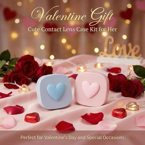 2 Pack Contact Lens Case, Heart Pattern Portable Travel Kit Cute Colored Contact Lenses Applicator Removal Tool Kit with Mirror Solution Bottle for Daily & Outdoor Valentine's Day Gift (Pink+Blue) in Saudi Arabia