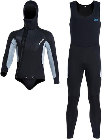 WYYHAA 5mm Neoprene Wetsuit for Men, Two-Piece Spearfishing Diving Suit with Cap Hooded, Front Zipper, Warm, UV Protection for Snorkeling, Scuba in Kuwait