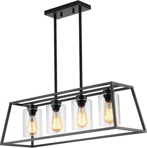 Black Farmhouse Chandeliers for Dining Room, Rustic Kitchen Island Light Fixture, 4-Lighting Linear Pendant Lamp Kitchen Island with Glass Shade ，Apply to Dining Room Light fixtures Over Table in Saudi Arabia