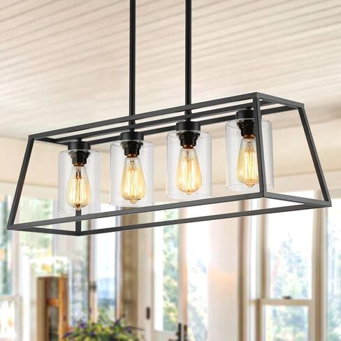 Black Farmhouse Chandeliers for Dining Room, Rustic Kitchen Island Light Fixture, 4-Lighting Linear Pendant Lamp Kitchen Island with Glass Shade ，Apply to Dining Room Light fixtures Over Table in Saudi Arabia