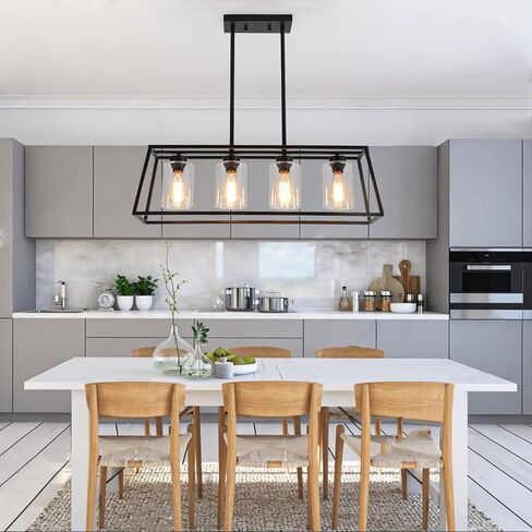 Black Farmhouse Chandeliers for Dining Room, Rustic Kitchen Island Light Fixture, 4-Lighting Linear Pendant Lamp Kitchen Island with Glass Shade ，Apply to Dining Room Light fixtures Over Table in Saudi Arabia