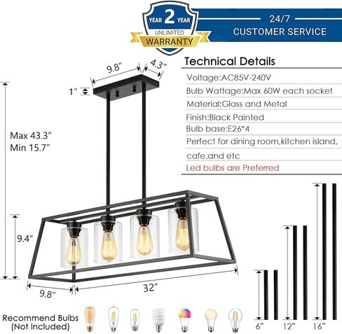 Black Farmhouse Chandeliers for Dining Room, Rustic Kitchen Island Light Fixture, 4-Lighting Linear Pendant Lamp Kitchen Island with Glass Shade ，Apply to Dining Room Light fixtures Over Table in Saudi Arabia