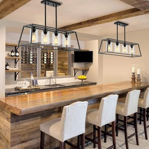 Black Farmhouse Chandeliers for Dining Room, Rustic Kitchen Island Light Fixture, 4-Lighting Linear Pendant Lamp Kitchen Island with Glass Shade ，Apply to Dining Room Light fixtures Over Table in Saudi Arabia