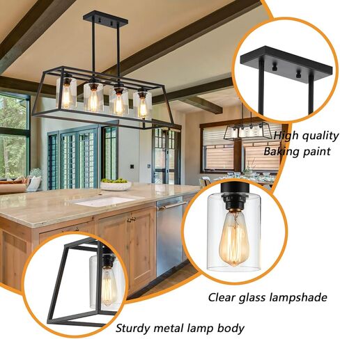 Black Farmhouse Chandeliers for Dining Room, Rustic Kitchen Island Light Fixture, 4-Lighting Linear Pendant Lamp Kitchen Island with Glass Shade ，Apply to Dining Room Light fixtures Over Table in Saudi Arabia