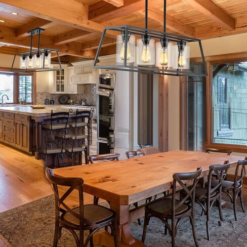 Black Farmhouse Chandeliers for Dining Room, Rustic Kitchen Island Light Fixture, 4-Lighting Linear Pendant Lamp Kitchen Island with Glass Shade ，Apply to Dining Room Light fixtures Over Table in Saudi Arabia