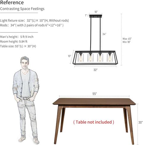 Black Farmhouse Chandeliers for Dining Room, Rustic Kitchen Island Light Fixture, 4-Lighting Linear Pendant Lamp Kitchen Island with Glass Shade ，Apply to Dining Room Light fixtures Over Table in Saudi Arabia