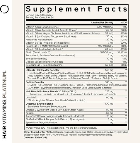Codeage Hair Vitamins Platinum - Lustriva Hair Growth Support, Spermidine, AstraGin, Biotin, Keratin, Collagen, Enzymes, Omega-3, Multivitamins, Probiotics – Healthy Hair Supplement - 90 Capsules in Saudi Arabia