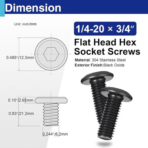 30 Pcs 1/4"-20 x 3/4" Flat Head Socket Cap Screws Bolts, 304 Stainless Steel, Black Zinc Plated Finish, Fully Machine Thread with Hex Key in Kuwait