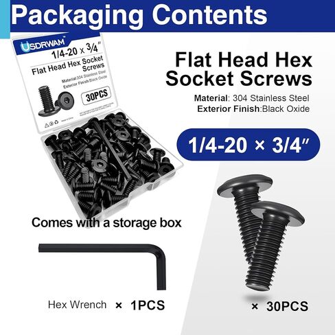 30 Pcs 1/4"-20 x 3/4" Flat Head Socket Cap Screws Bolts, 304 Stainless Steel, Black Zinc Plated Finish, Fully Machine Thread with Hex Key in Kuwait