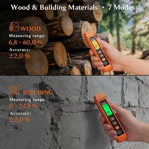 مقياس رطوبة الخشب - نوع الدبوس، معايرة 7 مواد محمولة وتنبيه 3 ألوان، نطاق 0.0-58.0% ±2.0% دقة لسجلات الخشب والجدران الخرسانية والحوائط الجافة - تمنع التشوه والتقشير in Kuwait